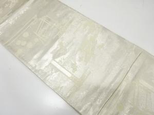 アンティーク　格天井に樹木・屋敷・草花模様織り出し袋帯（着用可）